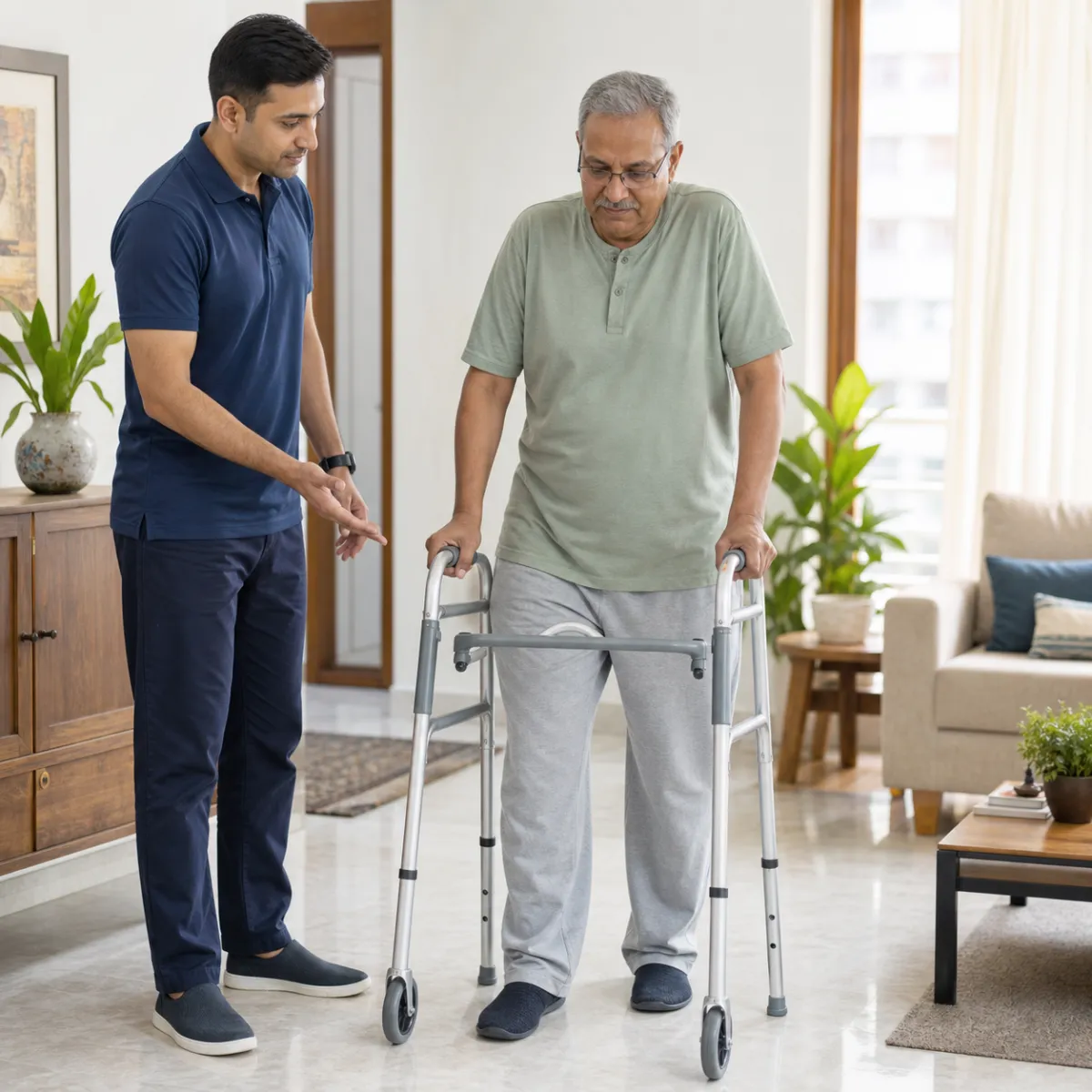 Patient participating in a goal-focused Assistive Device Fitting and Training session with a physiotherapist in Action Area Ia