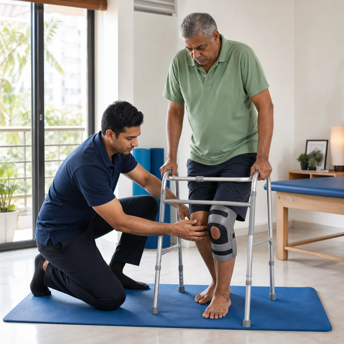 Physiotherapist assessing symptoms and functional limitations relevant to Assistive Device Fitting and Training in Action Area Ia