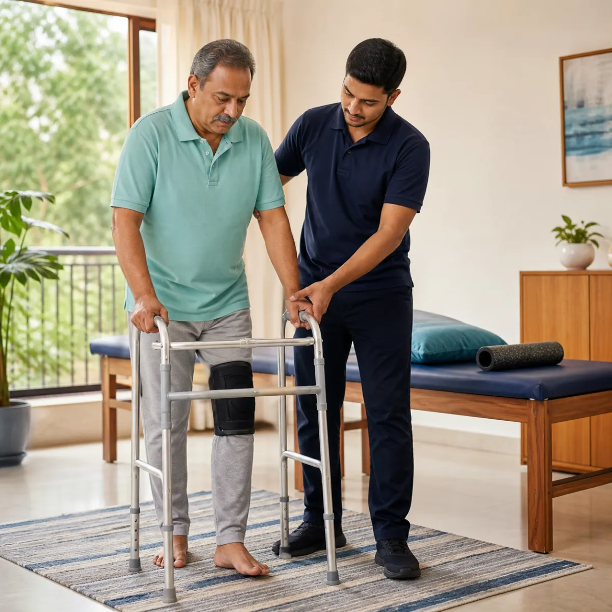 Physiotherapist guiding a structured Assistive Device Fitting and Training treatment session in Action Area Ia