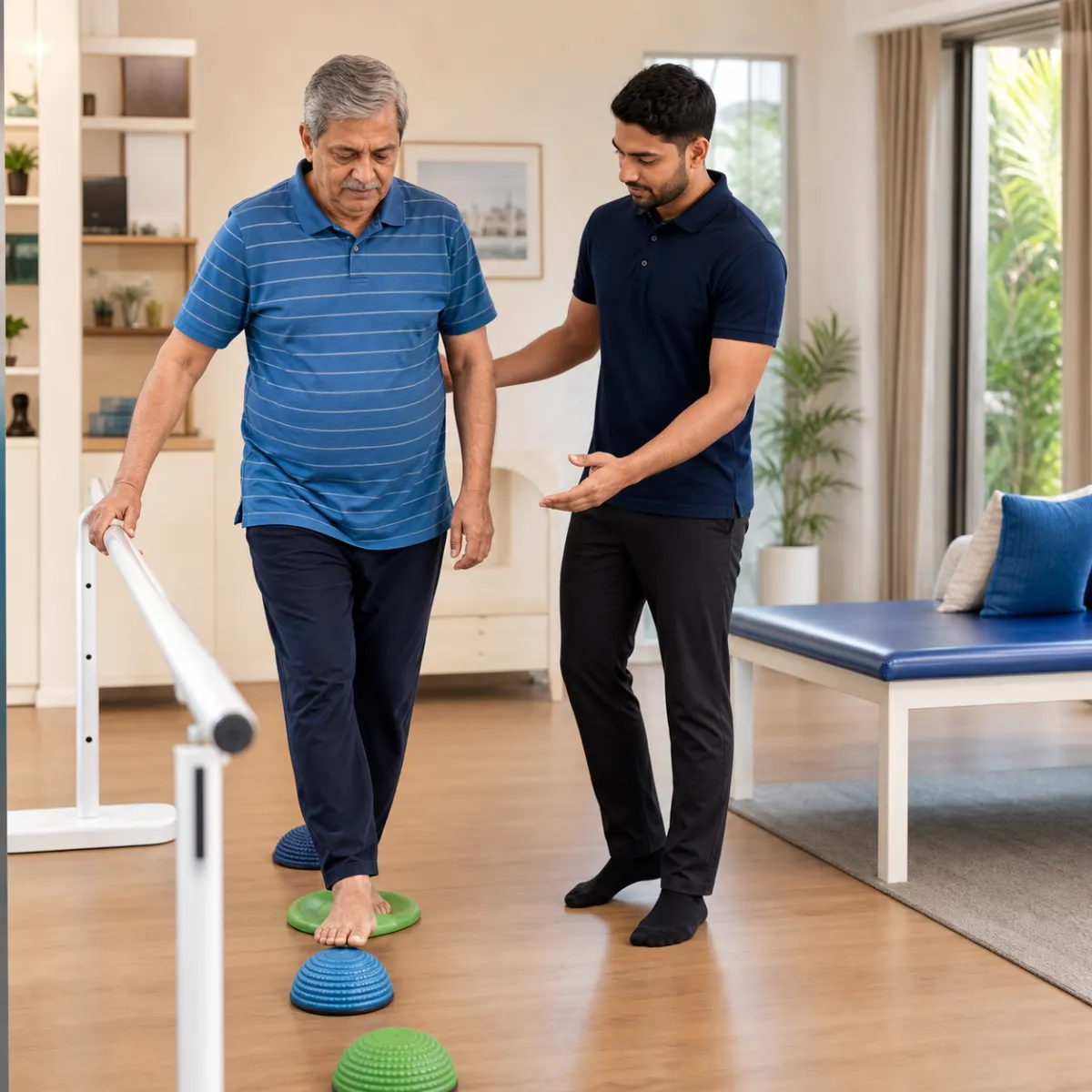 Patient participating in a goal-focused Balance and Coordination Training session with a physiotherapist in Khardah