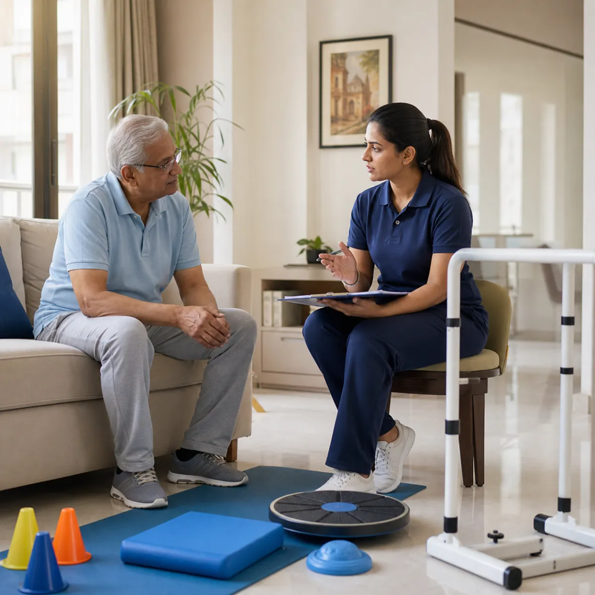 Physiotherapist completing an individualized Balance and Coordination Training assessment in Khardah