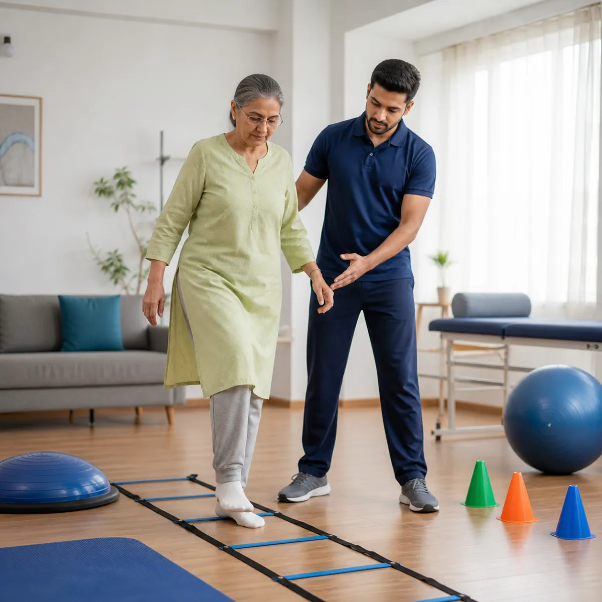 Physiotherapist guiding a structured Balance and Coordination Training treatment session in Khardah