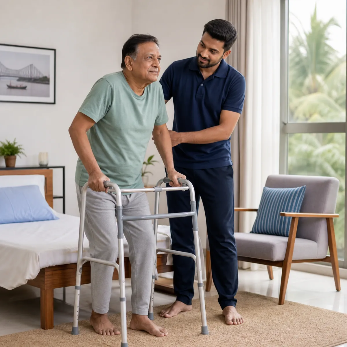 Patient participating in a goal-focused Bedridden Patient Rehabilitation session with a physiotherapist in Buinta