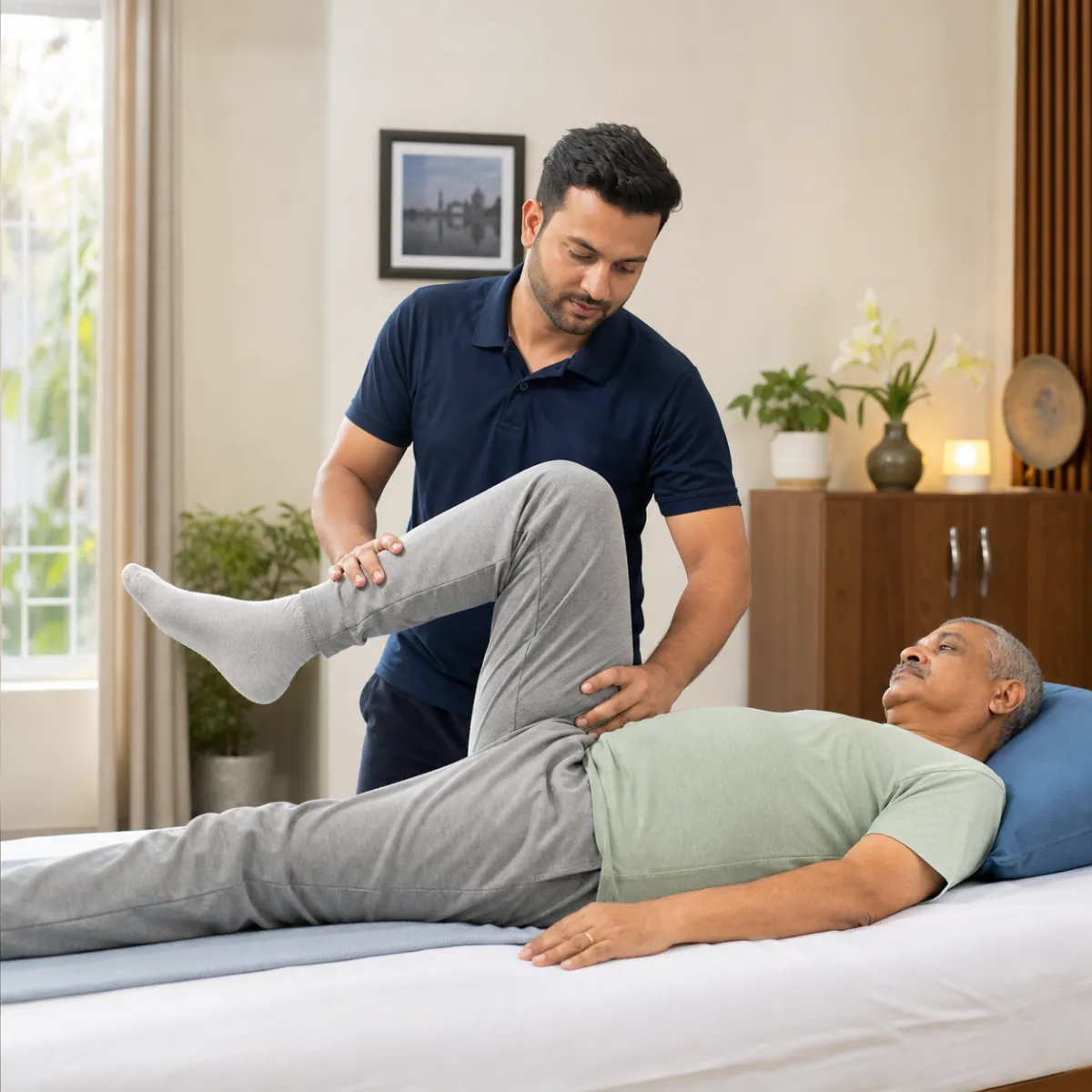 Physiotherapist assessing symptoms and functional limitations relevant to Bedridden Patient Rehabilitation in Buinta