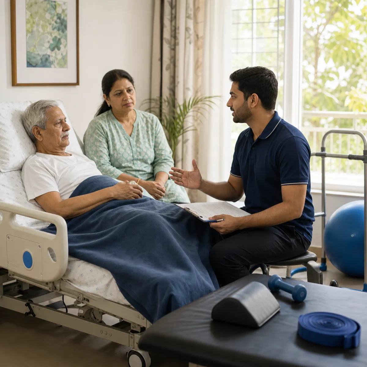 Physiotherapist completing an individualized Bedridden Patient Rehabilitation assessment in Buinta