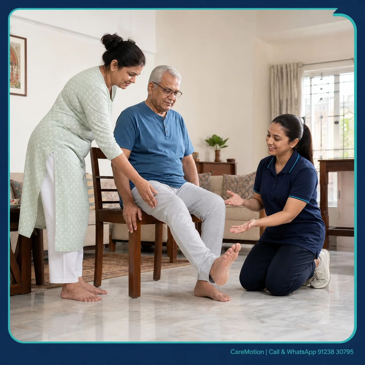 Caregiver practicing safe manual handling techniques under physiotherapist guidance in Nilganj Bazaar