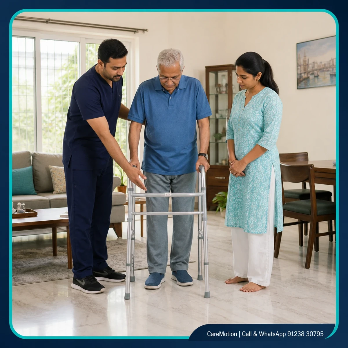 Physiotherapist assessing home environment and care routines for Caregiver Training in Nilganj Bazaar