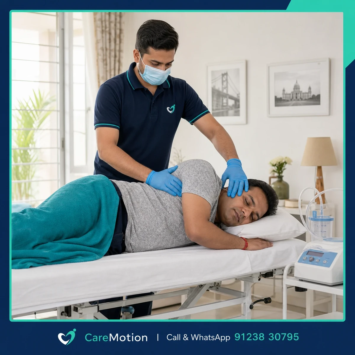 Physiotherapist performing targeted chest physiotherapy and clearance on a patient in Action Area Iib