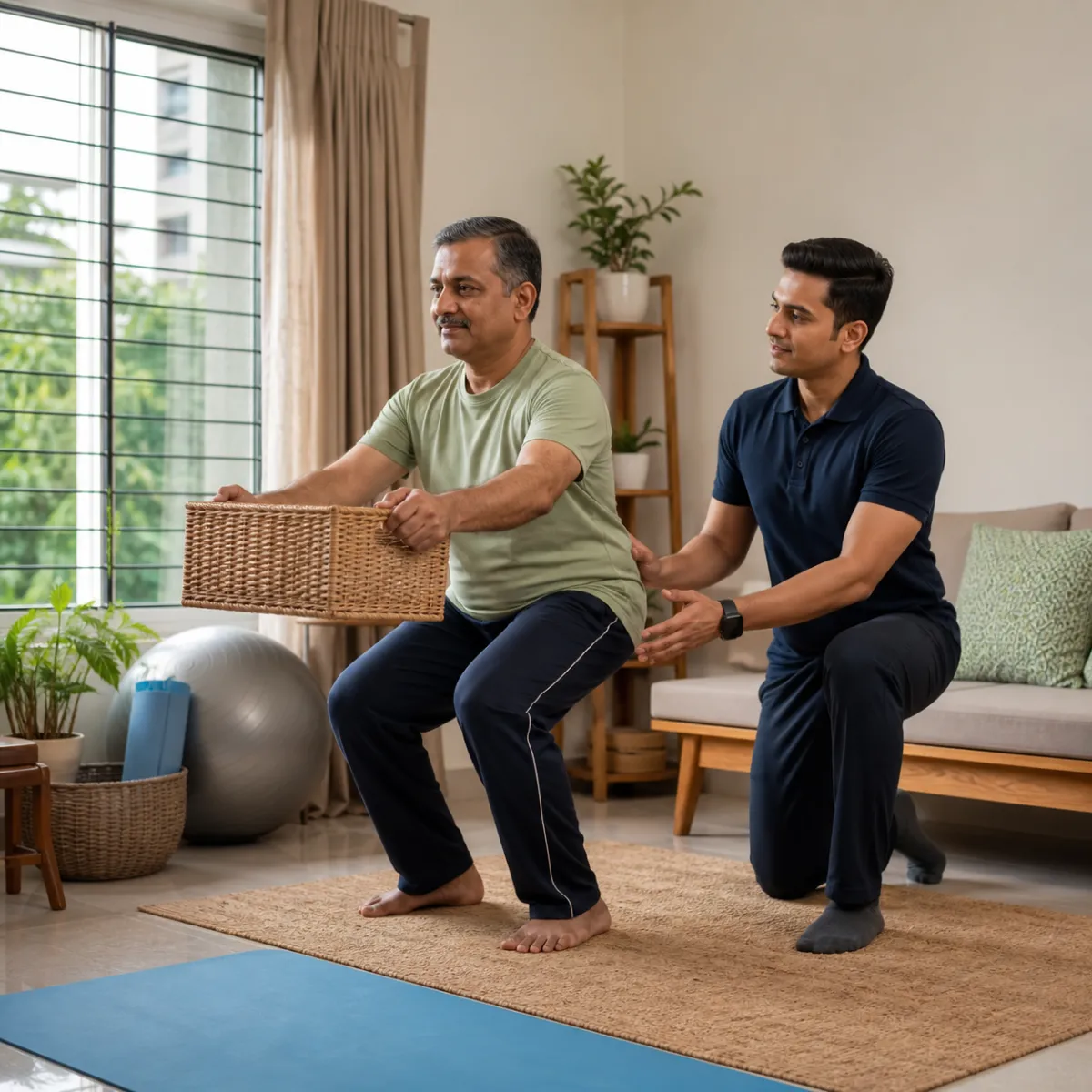 Patient participating in a goal-focused Chronic Lower Back Pain Rehabilitation session with a physiotherapist in Narayanpur