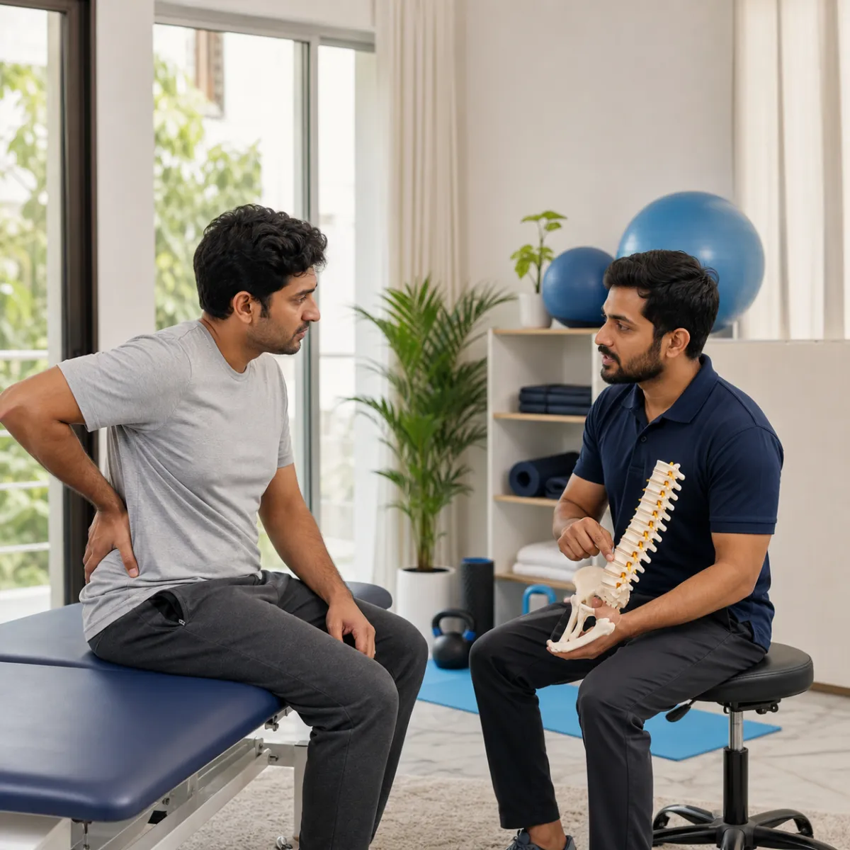 Physiotherapist completing an individualized Chronic Lower Back Pain Rehabilitation assessment in Narayanpur