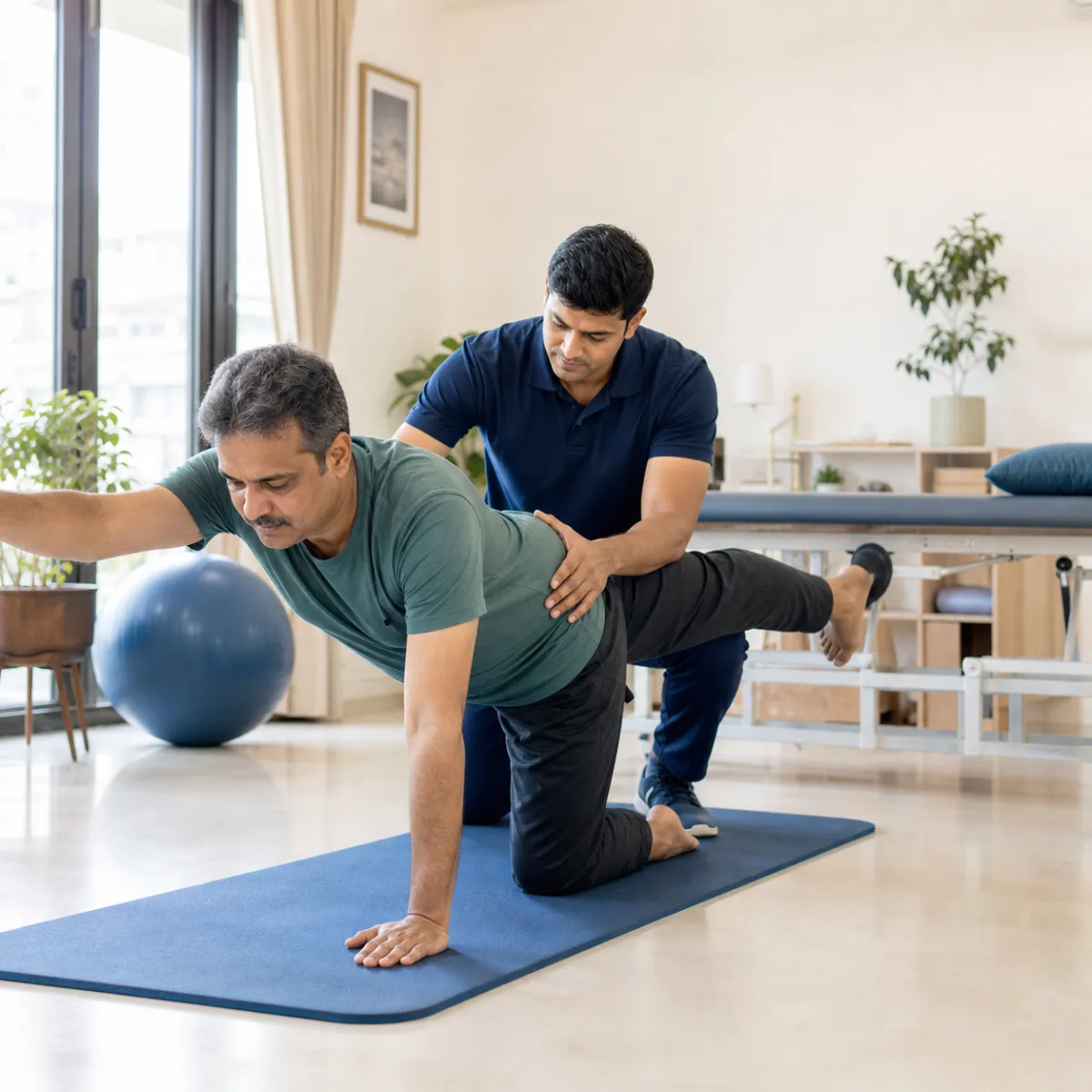 Physiotherapist guiding a structured Chronic Lower Back Pain Rehabilitation treatment session in Narayanpur