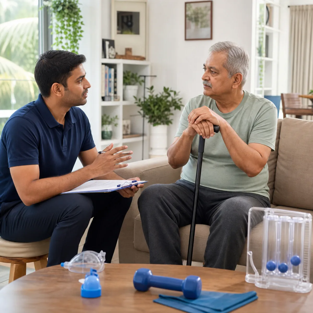 Physiotherapist completing an individualized COPD Pulmonary Rehabilitation assessment in Bartala