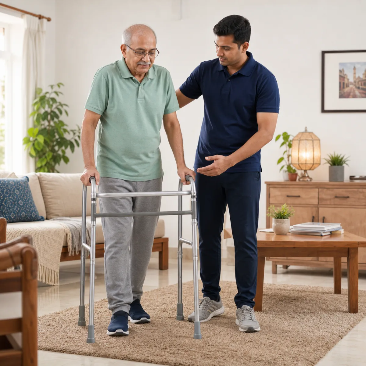 Patient participating in a goal-focused Critical Elderly Rehabilitation session with a physiotherapist in Kamdevpur
