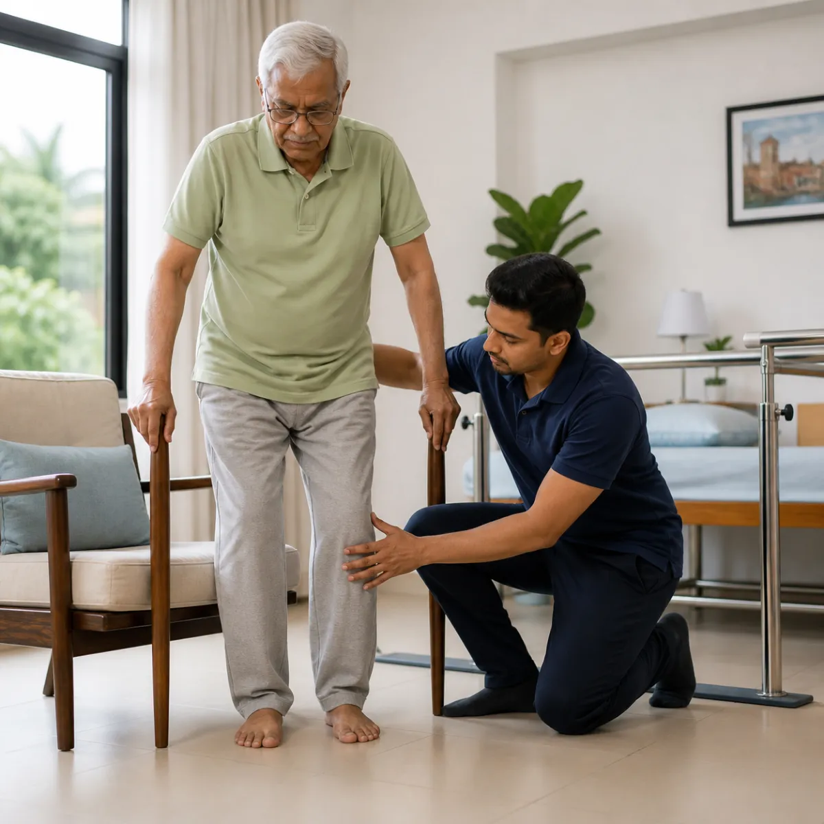 Physiotherapist assessing symptoms and functional limitations relevant to Critical Elderly Rehabilitation in Kamdevpur