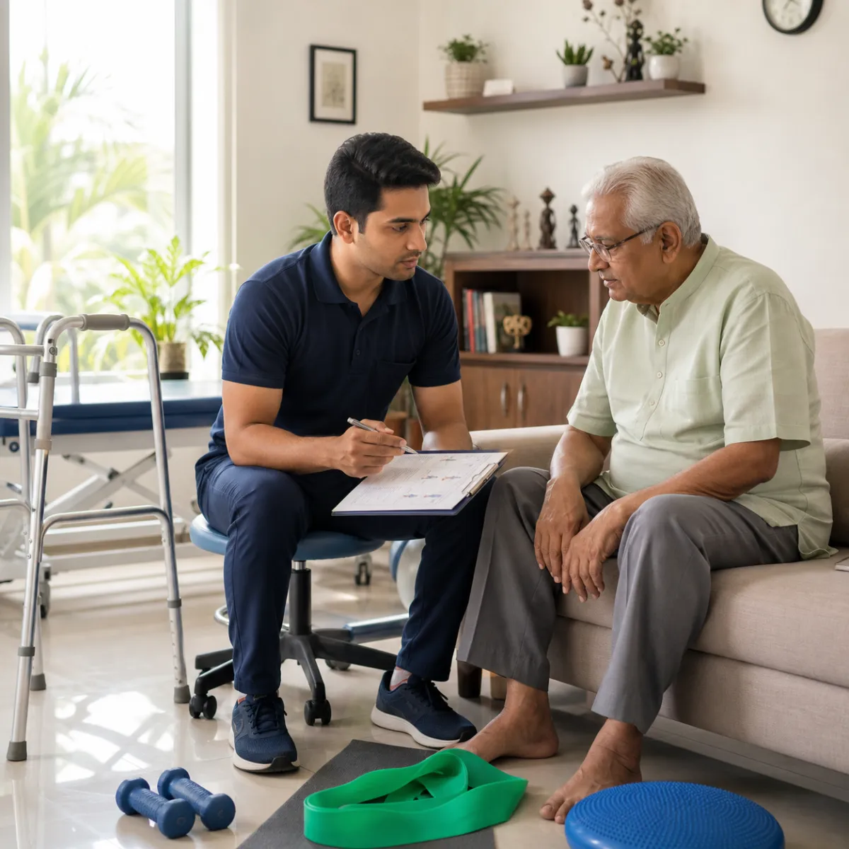 Physiotherapist completing an individualized Critical Elderly Rehabilitation assessment in Kamdevpur