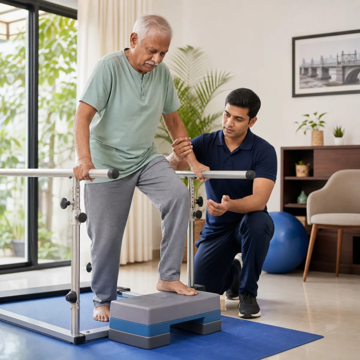 Physiotherapist guiding a structured Critical Elderly Rehabilitation treatment session in Kamdevpur