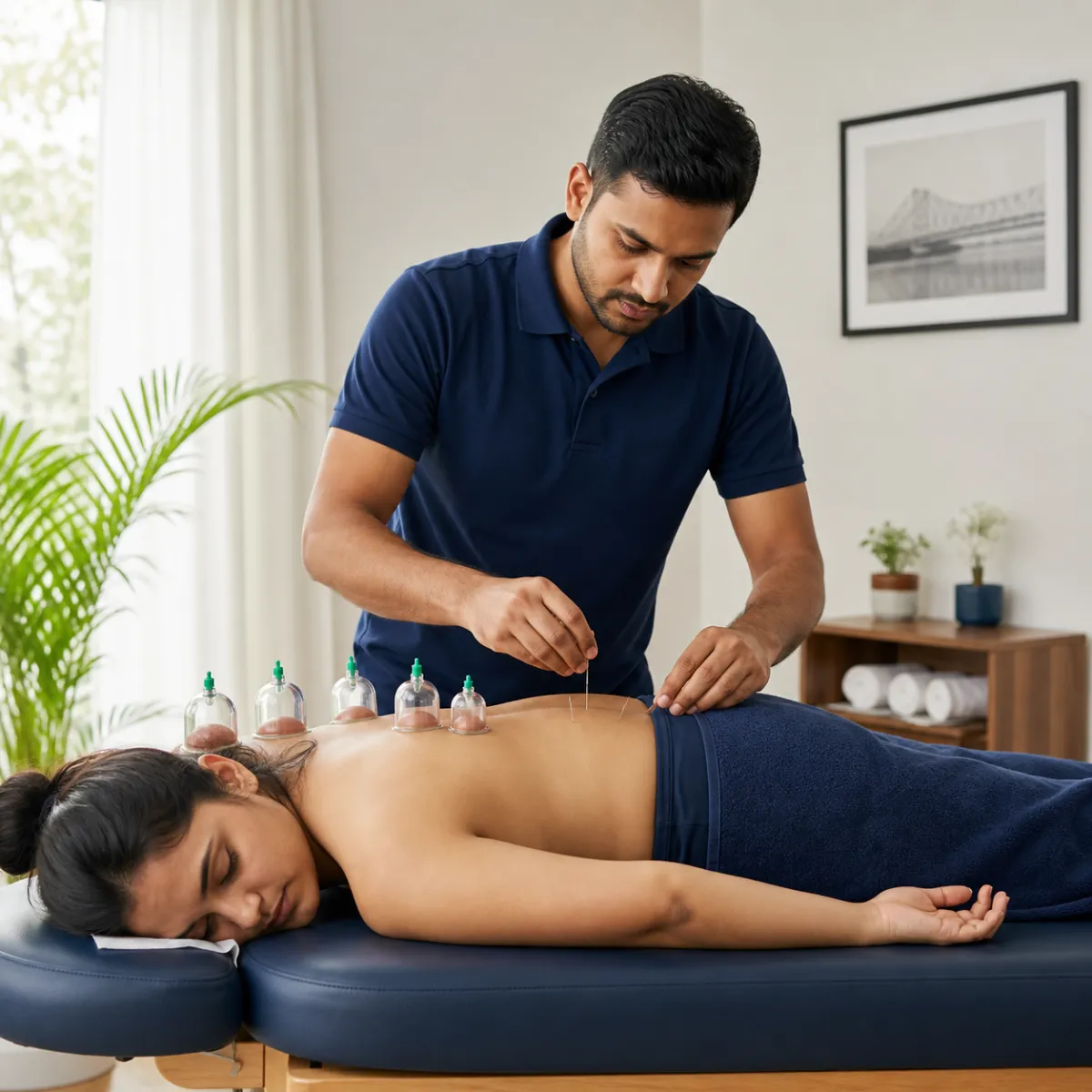 Physiotherapist guiding a structured Dry Needling and Cupping Therapy treatment session in Pithapukuria