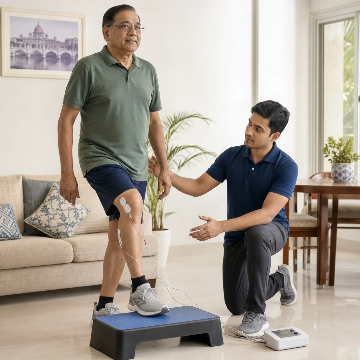 Patient participating in a goal-focused Electrotherapy at Home session with a physiotherapist in Hetalkhali