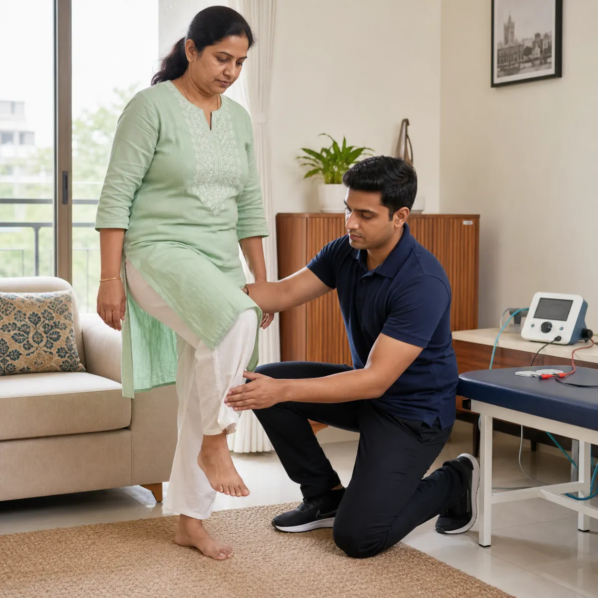 Physiotherapist assessing symptoms and functional limitations relevant to Electrotherapy at Home in Hetalkhali