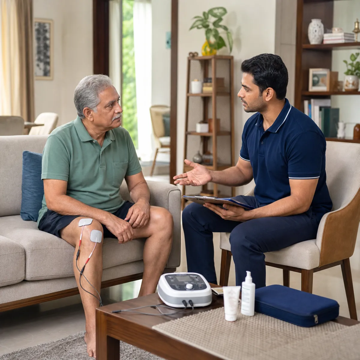 Physiotherapist completing an individualized Electrotherapy at Home assessment in Hetalkhali