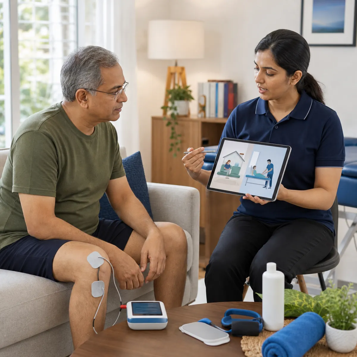 CareMotion physiotherapist delivering a personalized Electrotherapy at Home service in Hetalkhali