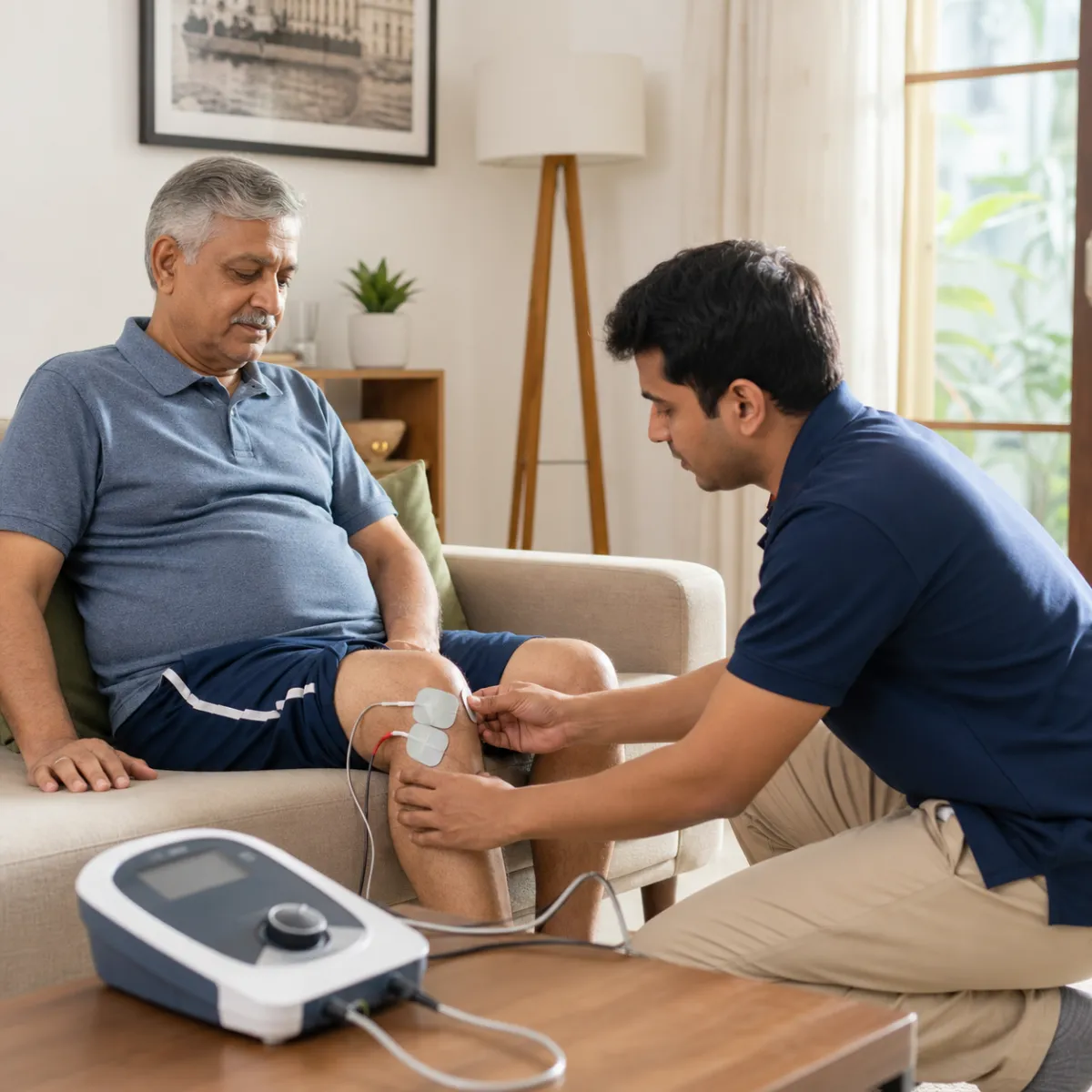 Physiotherapist guiding a structured Electrotherapy at Home treatment session in Hetalkhali