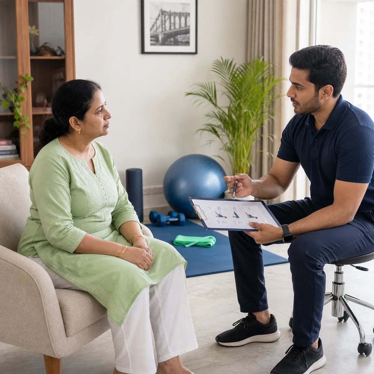 Physiotherapist completing an individualized Home Exercise Therapy Programs assessment in Udayrajpur