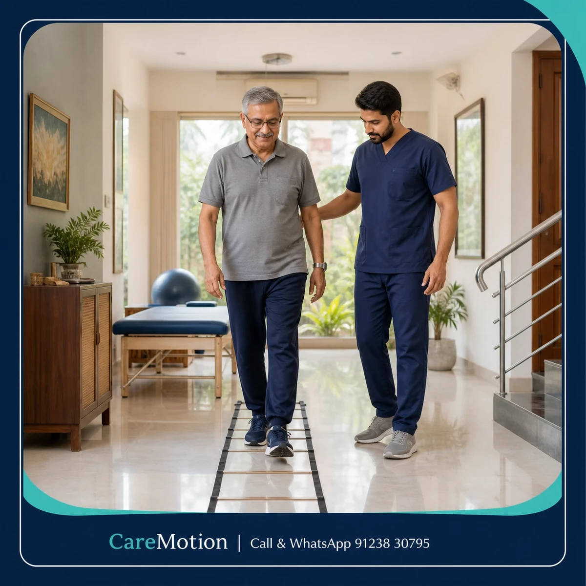 Patient practicing dynamic balance exercises with a physiotherapist to prevent falls in Gouranganagar