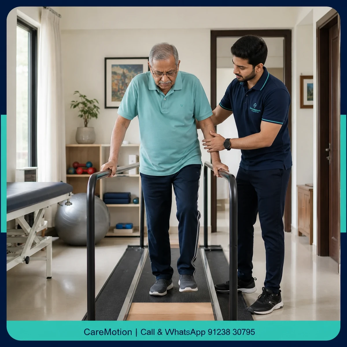 Physiotherapist screening an older adult for fall risks and balance deficits in Gouranganagar