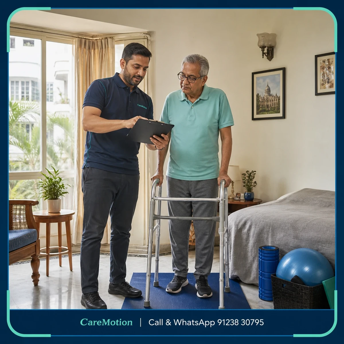 Physiotherapist conducting a balance and fall risk assessment in a patient’s home in Gouranganagar