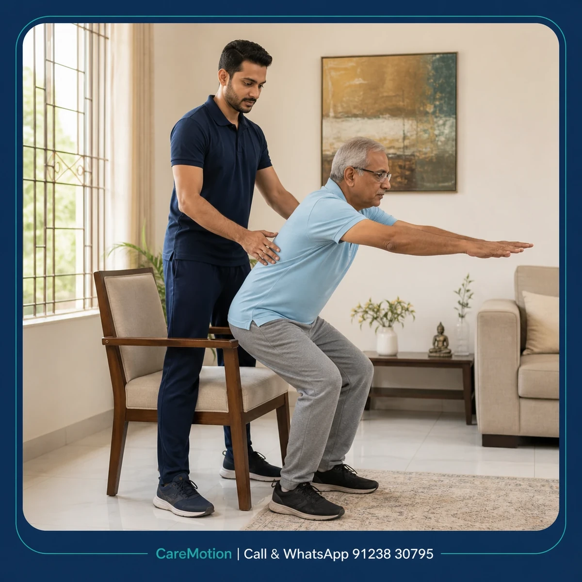 Physiotherapist guiding a structured Fall Prevention exercise session in Gouranganagar