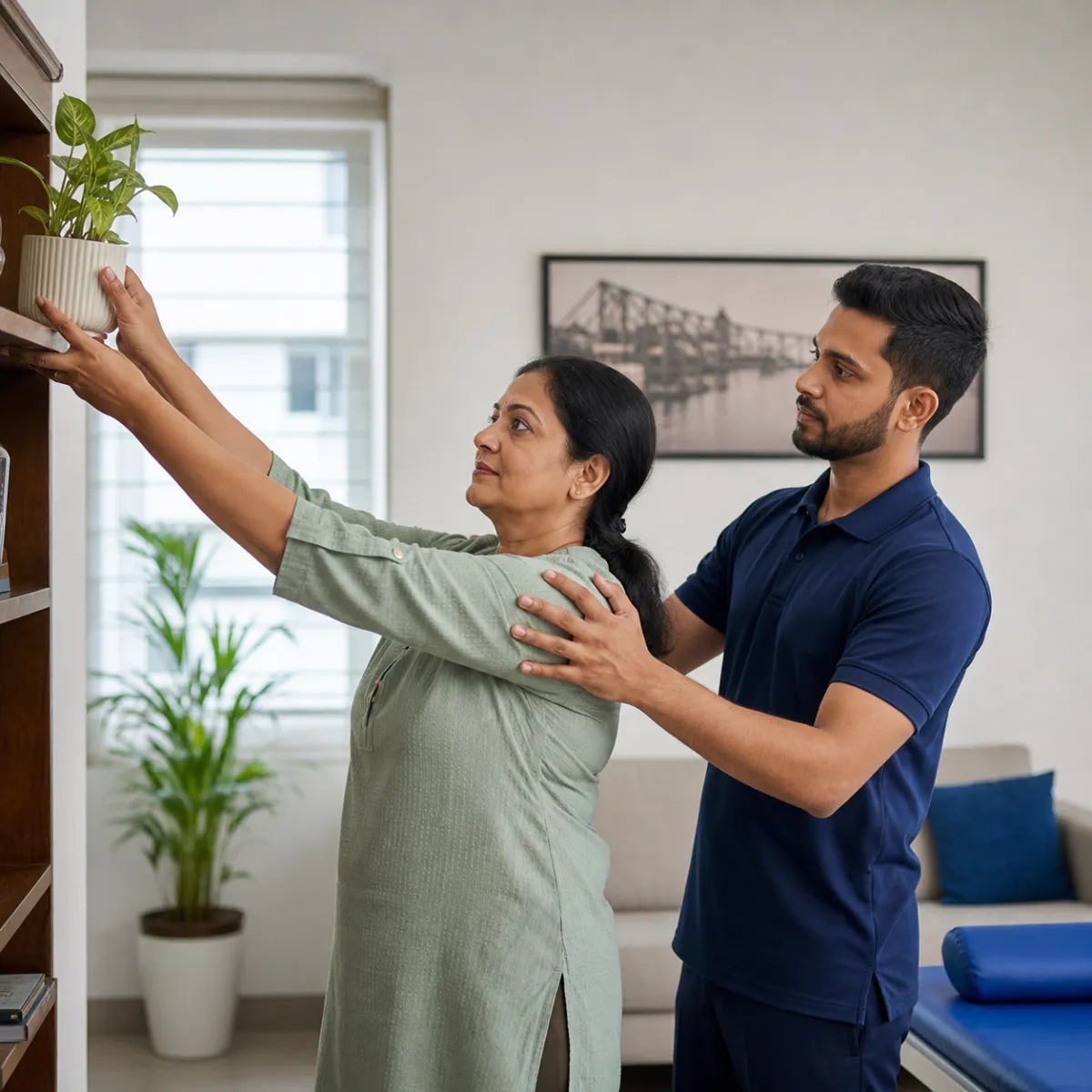 Patient participating in a goal-focused Frozen Shoulder Rehabilitation session with a physiotherapist in Abdalpur