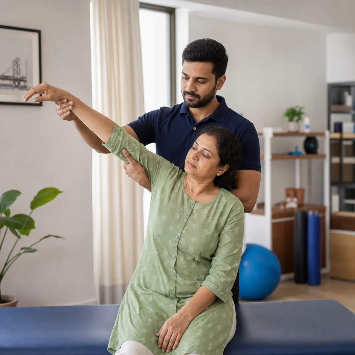 Physiotherapist assessing symptoms and functional limitations relevant to Frozen Shoulder Rehabilitation in Abdalpur
