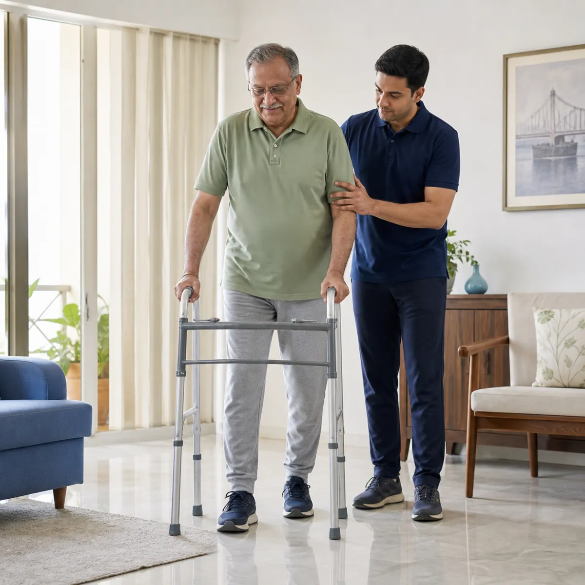 Patient participating in a goal-focused Gait Training session with a physiotherapist in Purbachal