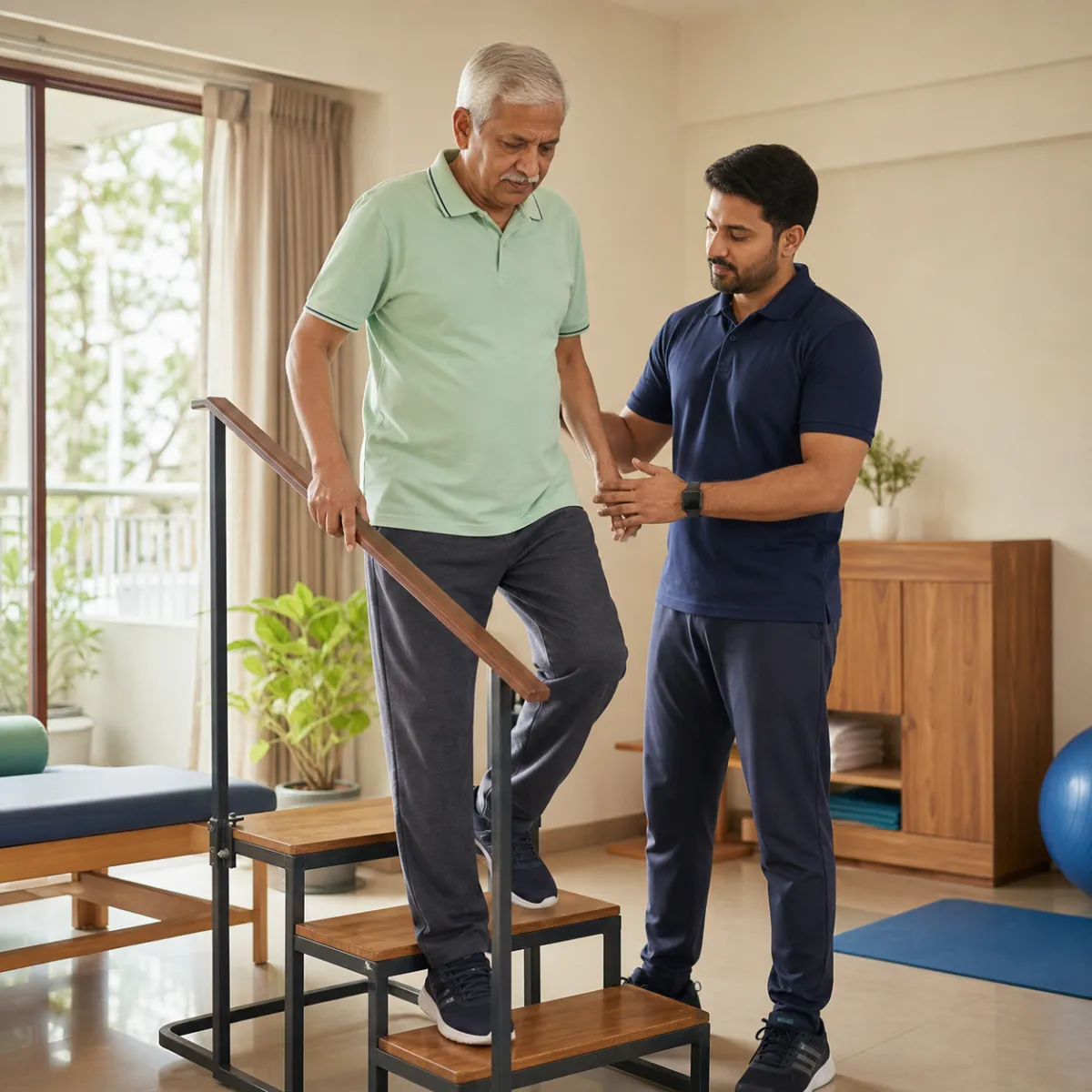 Patient participating in a goal-focused Geriatric Exercise Therapy session with a physiotherapist in Action Area Ic