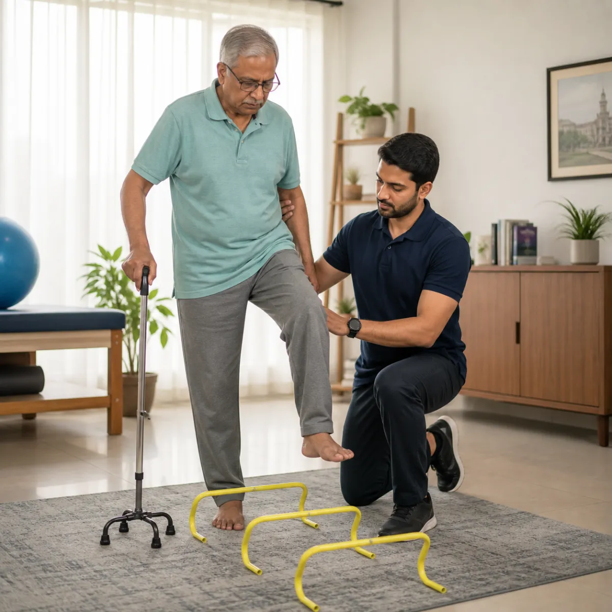 Physiotherapist assessing symptoms and functional limitations relevant to Geriatric Exercise Therapy in Action Area Ic