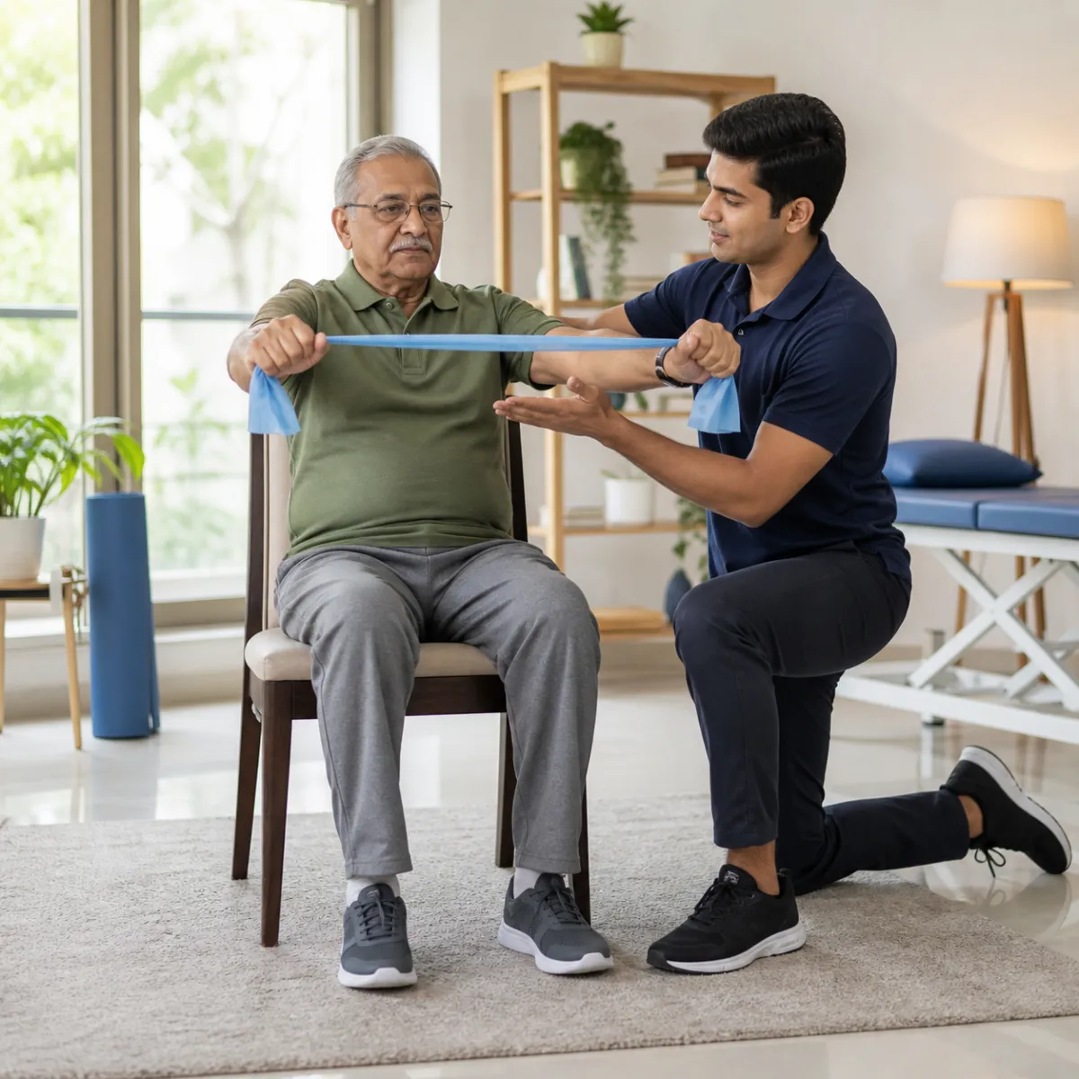 Physiotherapist guiding a structured Geriatric Exercise Therapy treatment session in Action Area Ic