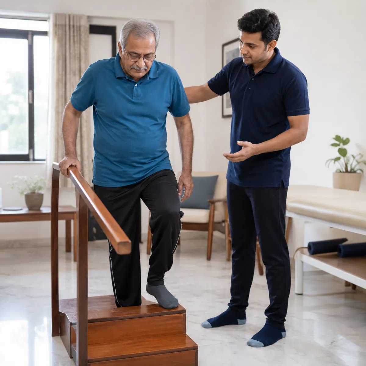 Patient participating in a goal-focused Geriatric Rehabilitation session with a physiotherapist in Bartala