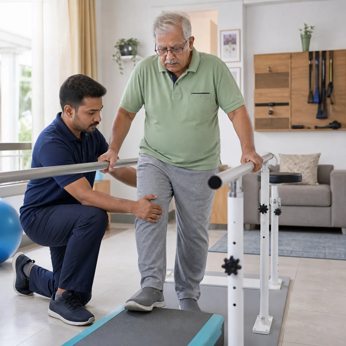 Physiotherapist assessing symptoms and functional limitations relevant to Geriatric Rehabilitation in Bartala