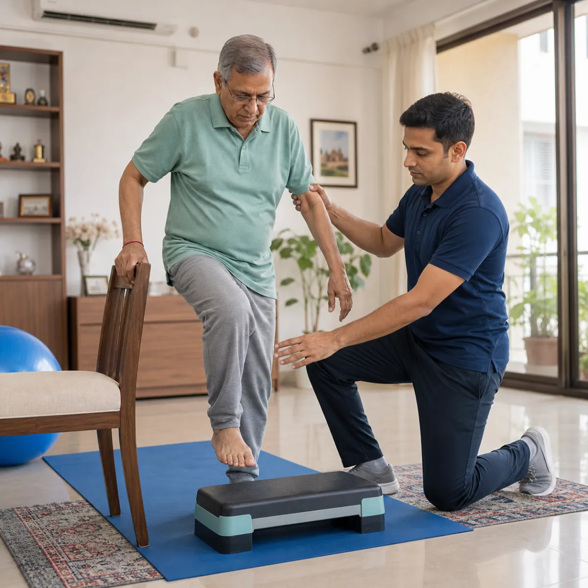 Physiotherapist guiding a structured Geriatric Rehabilitation treatment session in Bartala
