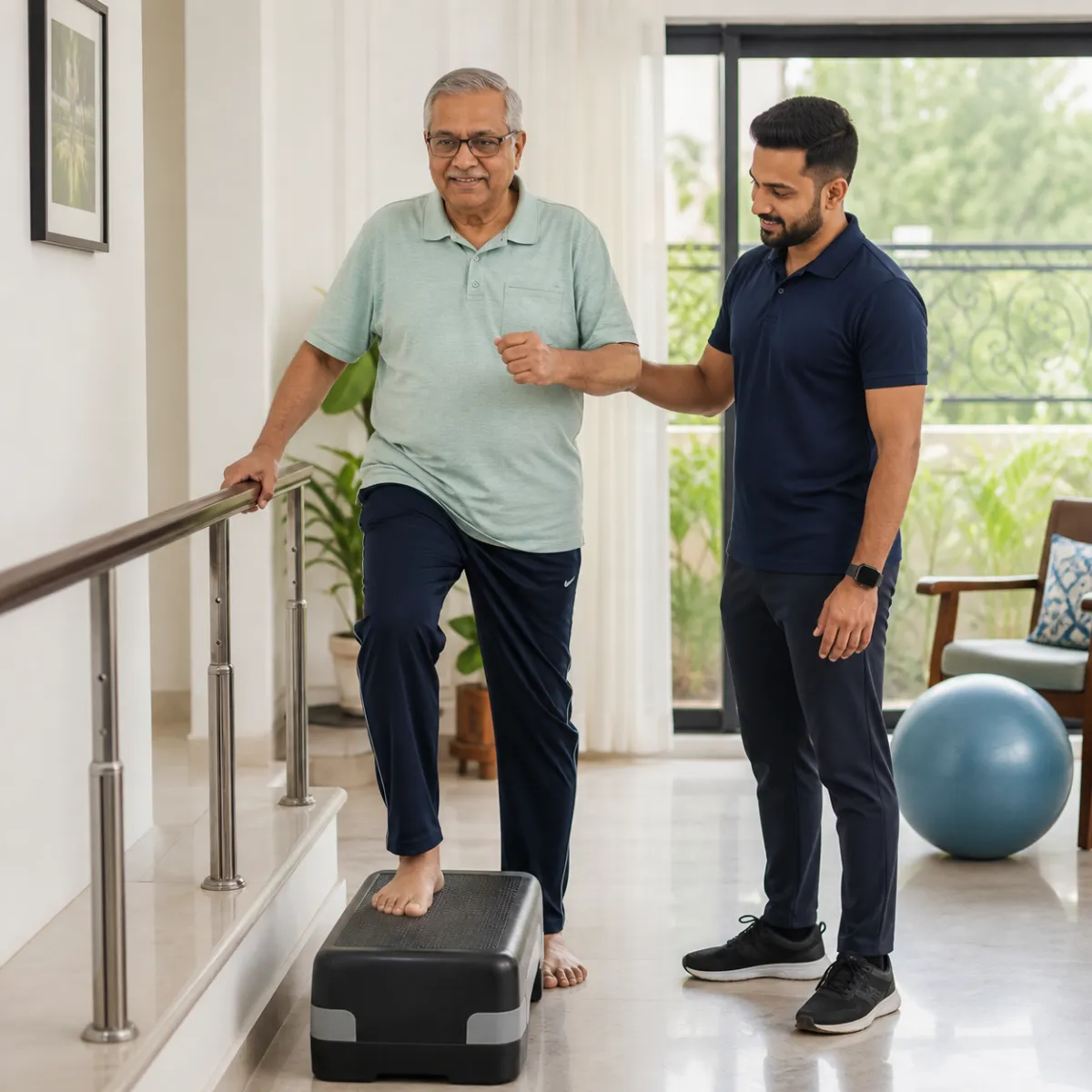 Patient participating in a goal-focused Joint Replacement Prehabilitation session with a physiotherapist in Arjunpur