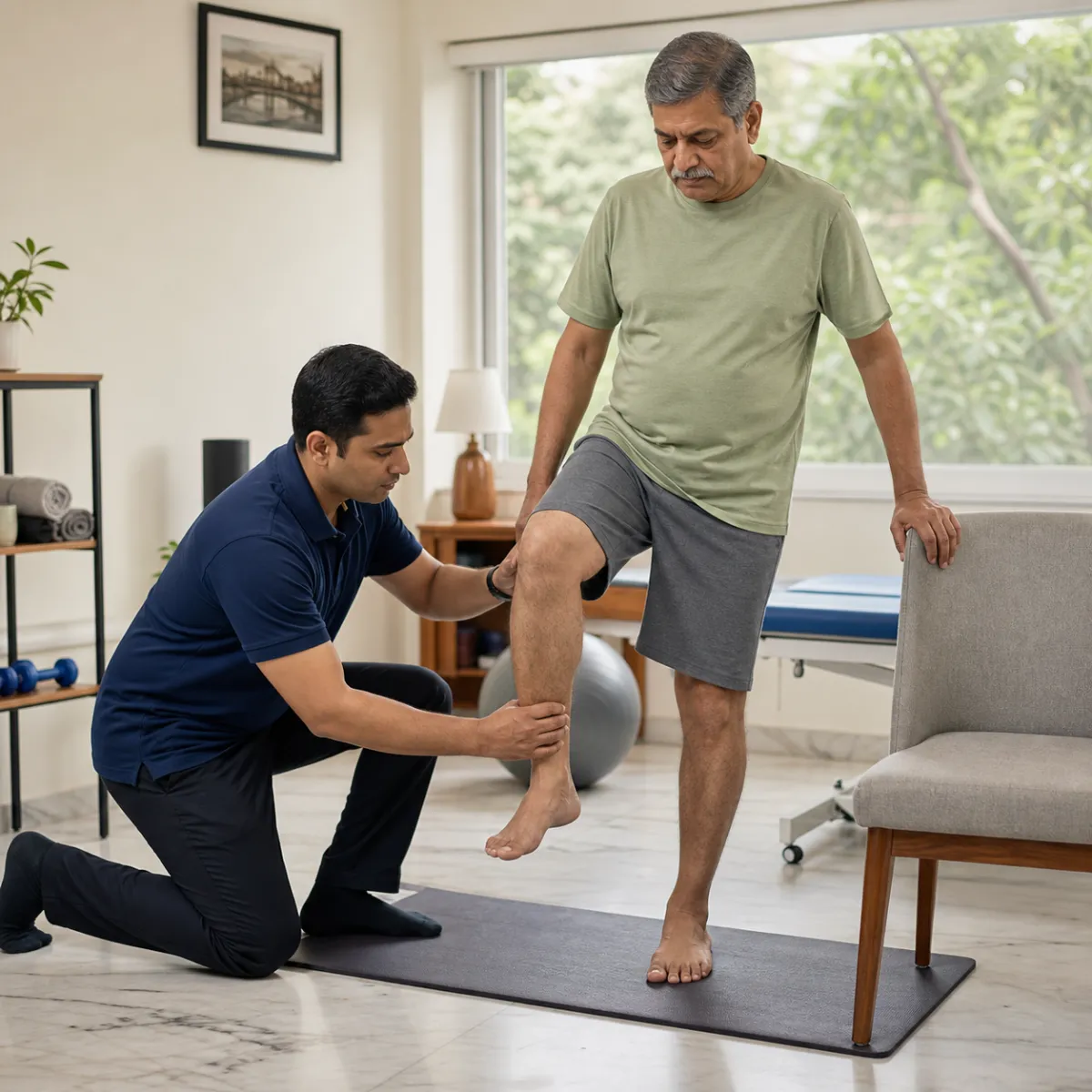 Physiotherapist assessing symptoms and functional limitations relevant to Joint Replacement Prehabilitation in Arjunpur