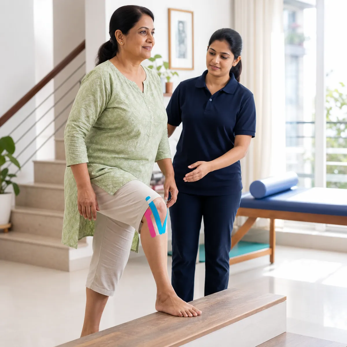 Patient participating in a goal-focused Kinesio Taping session with a physiotherapist in Achhipur