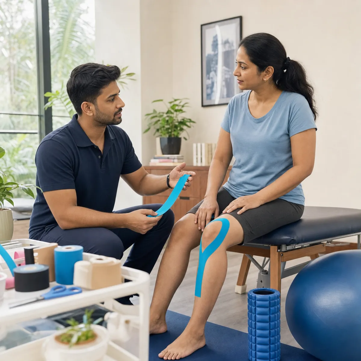 Physiotherapist completing an individualized Kinesio Taping assessment in Achhipur