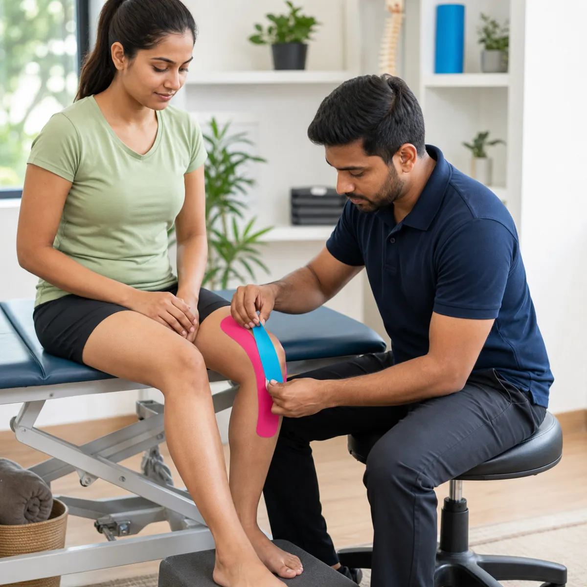 Physiotherapist guiding a structured Kinesio Taping treatment session in Achhipur