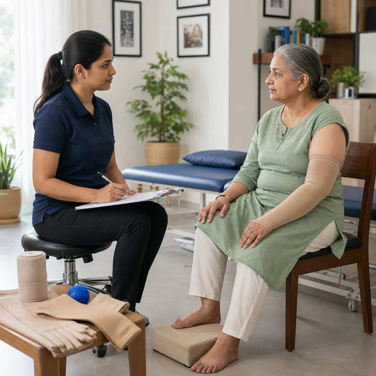 Physiotherapist completing an individualized Lymphedema Management assessment in Arjunpur