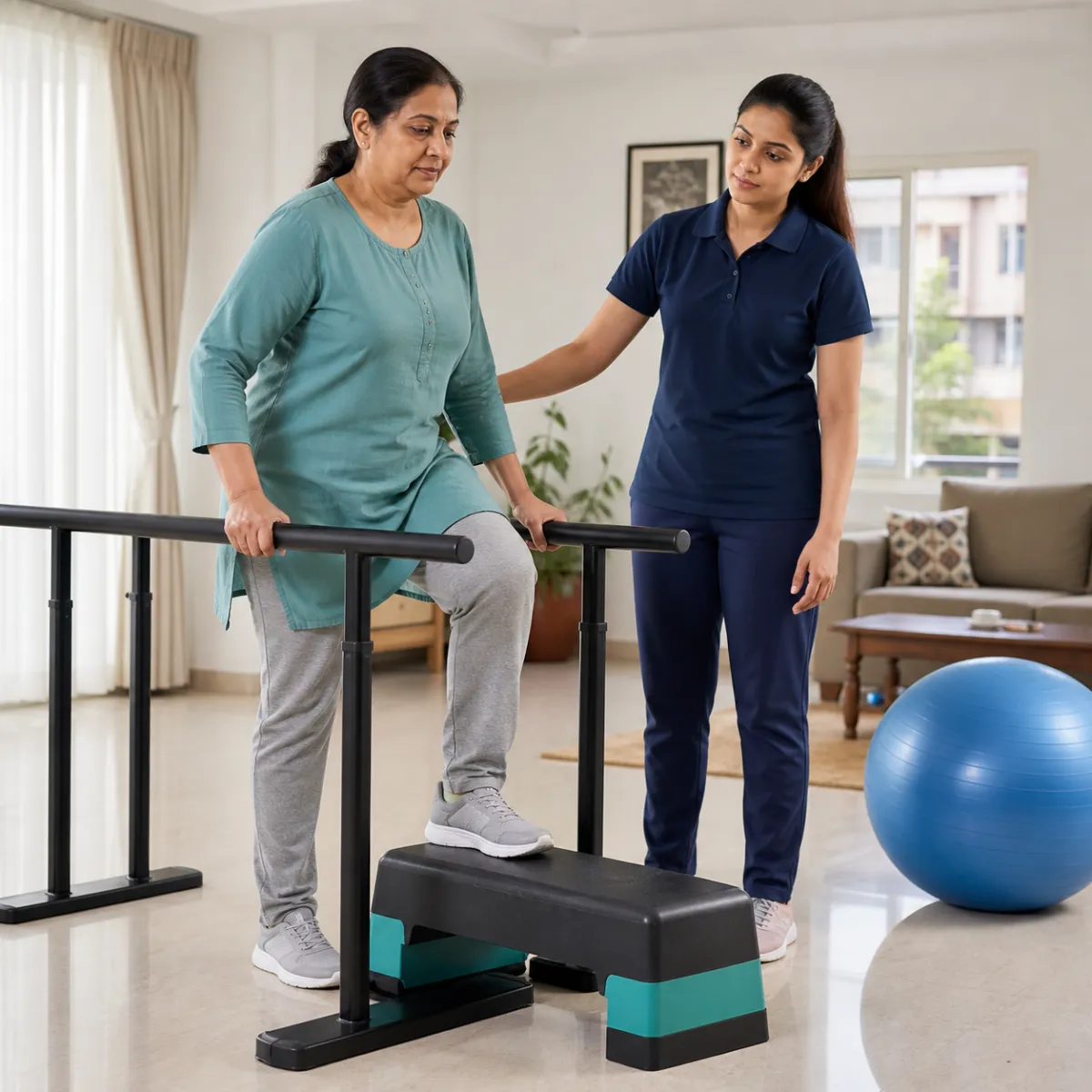Patient participating in a goal-focused Multiple Sclerosis Rehabilitation session with a physiotherapist in Narayanpur