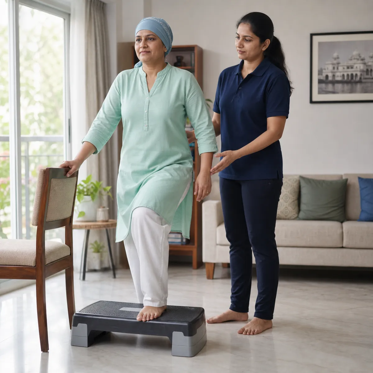 Patient participating in a goal-focused Oncology Physiotherapy session with a physiotherapist in Buinta