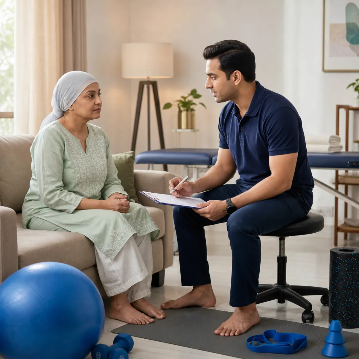 Physiotherapist completing an individualized Oncology Physiotherapy assessment in Buinta