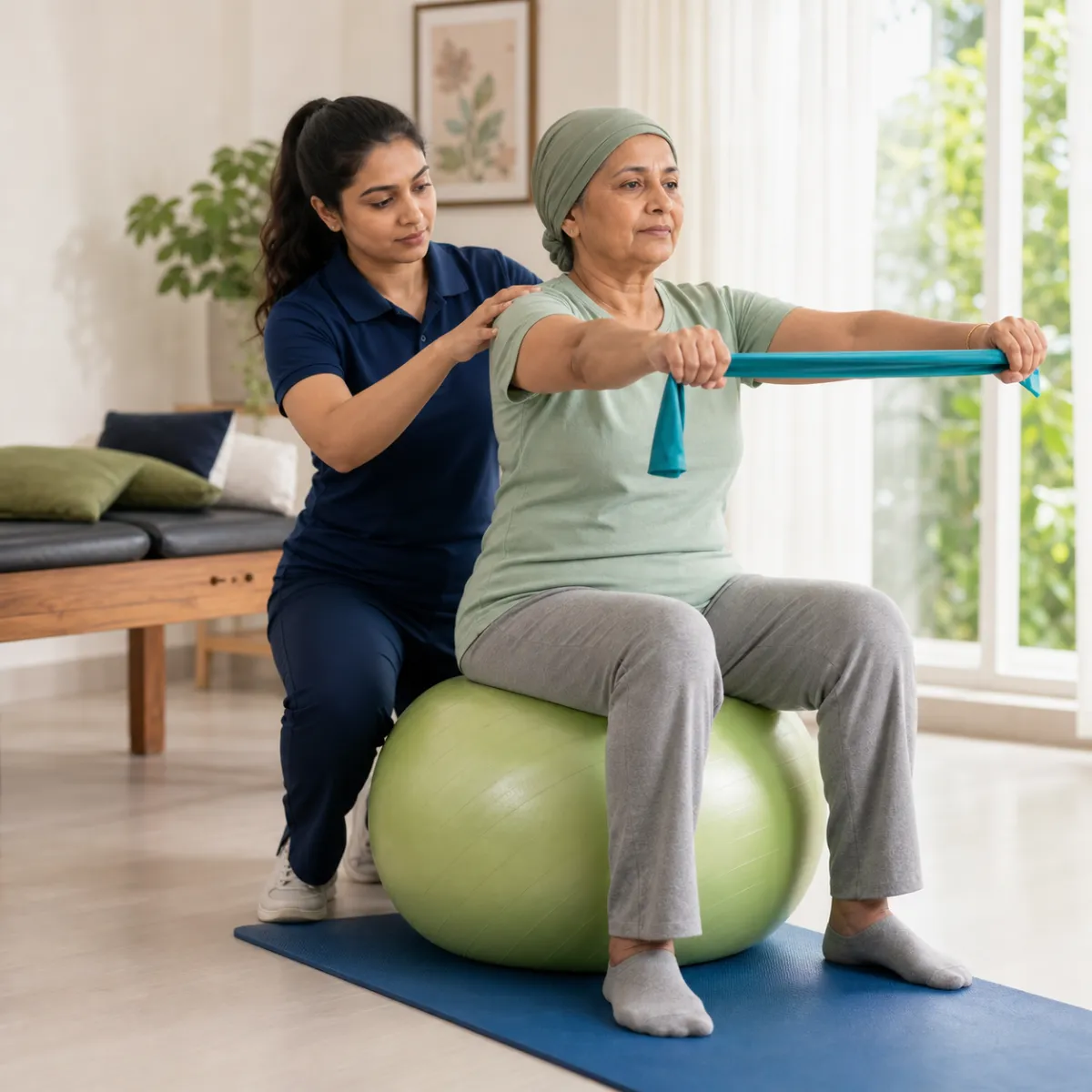 Physiotherapist guiding a structured Oncology Physiotherapy treatment session in Buinta